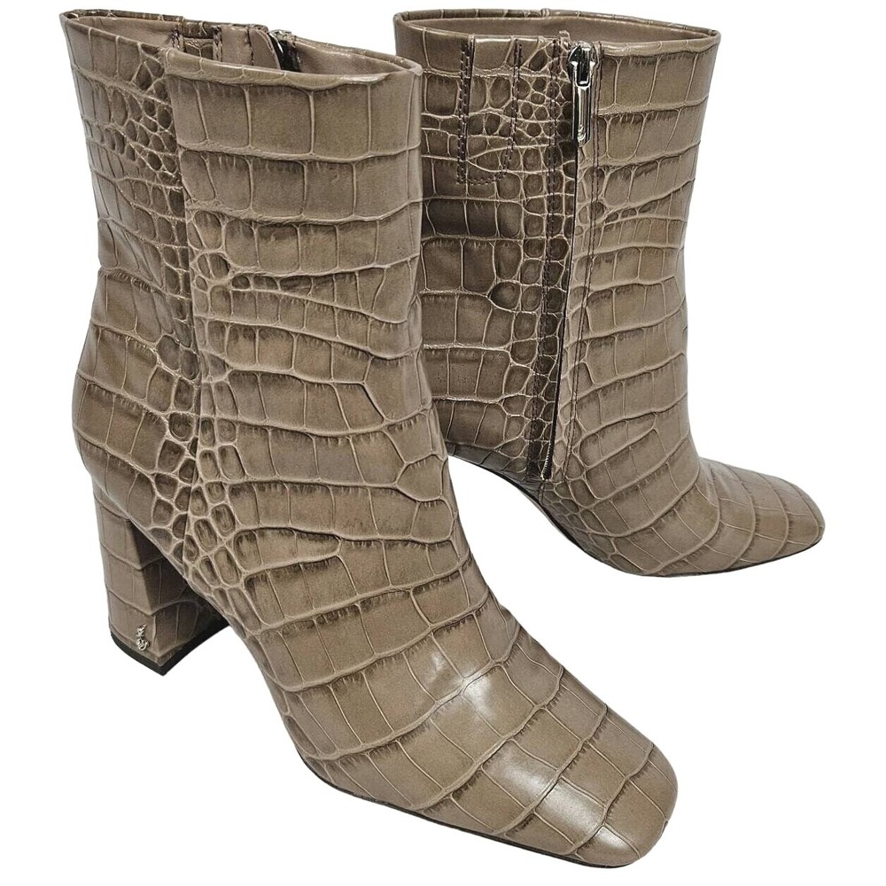Sam Edelman Codie Ankle Boot Women 11 Taupe Grey Croc Embossed Block Heel Bootie